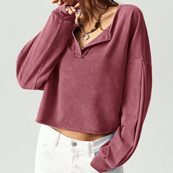 Burgundy Casual Women's V-Neck Long Sleeve Cropped Sweatshirt - Picture 4 of 9